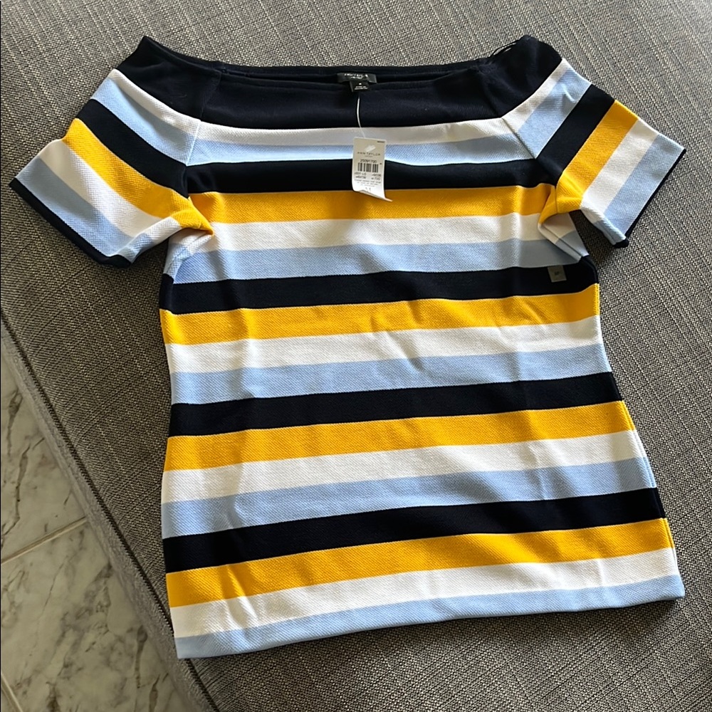 Ann Taylor Navy and Marigold Striped  Fitted Short Sleeve Shirt